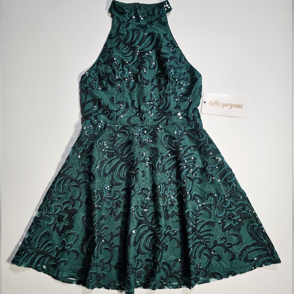 PromGirl Green Sequin Halter A-Line Mini Dress Size Medium NWT - Picture 2 of 16